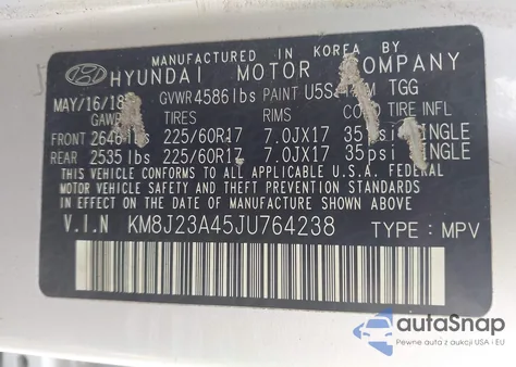 2018 Hyundai Tucson Se z USA, uszkodzony, nr VIN KM8J23A45JU764238